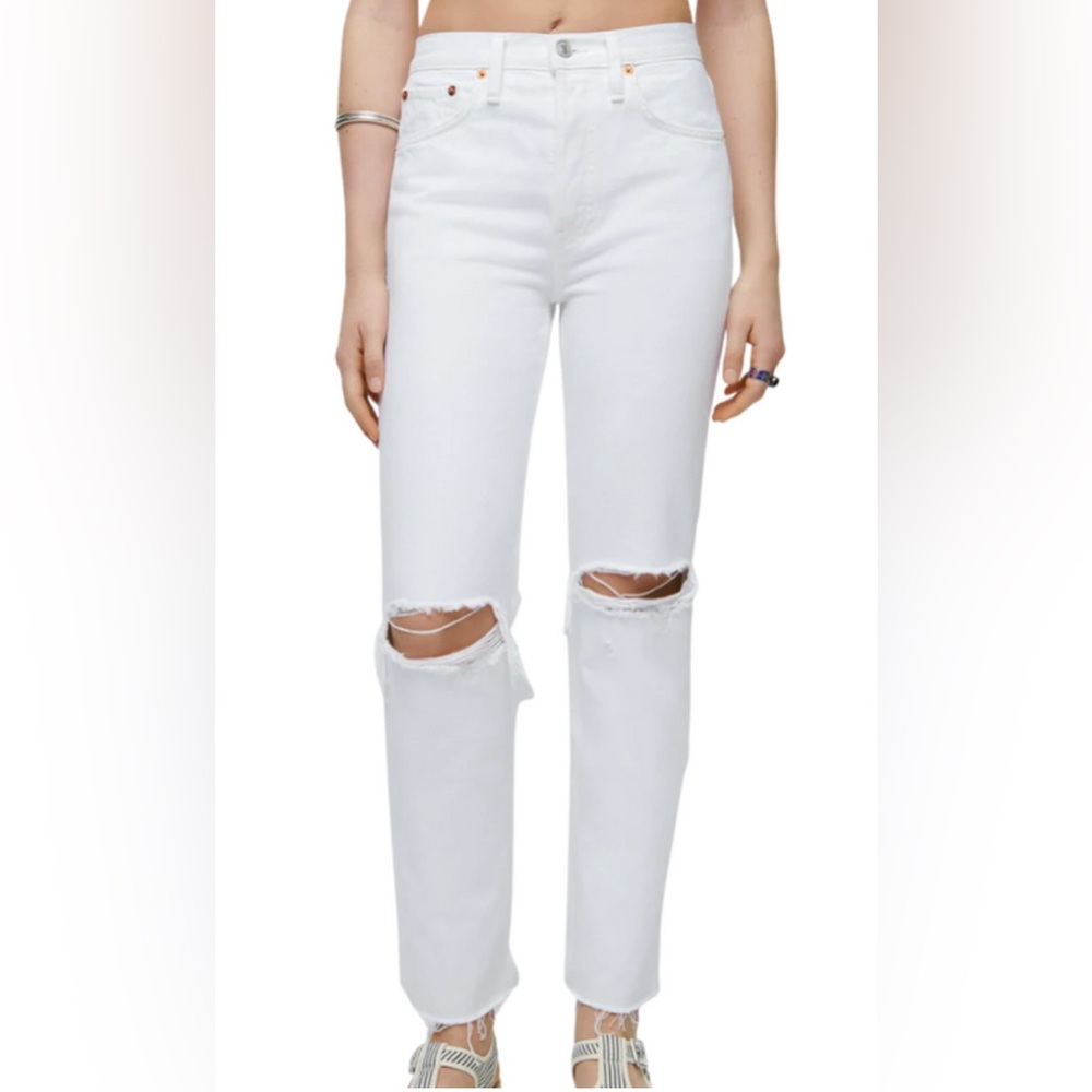 RE/DONE 26 Jeans 70s High Rise Straight White Destroyed Button Fly $295